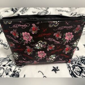 Large Ed Hardy Black Cosmetic Pouch with Pink Floral & Tattoo Motifs makeup bag